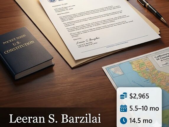 Open USCIS N 400 approval letter on a wooden desk with the California State Capitol at sunrise in the background, representing successful 2026 immigration filing 