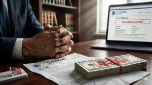 Photorealistic thumbnail image: close up of immigrant professional's hands on a wooden desk, holding a crumpled H 1B visa denial letter next to a stack of $100 bills with a red "REFUND PENDING" stamp  Blurred background shows an American flag pin, law office bookshelf, and laptop displaying "Case Status: Denied " Dramatic window light  Theme of financial risk and visa refund strategy 