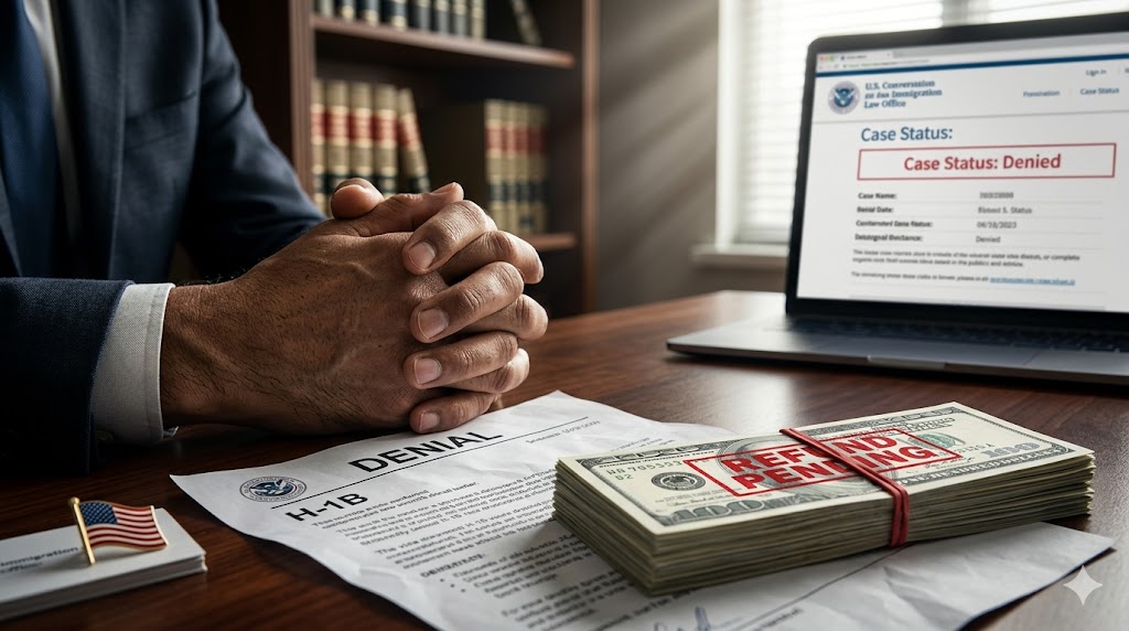 Photorealistic thumbnail image: close up of immigrant professional's hands on a wooden desk, holding a crumpled H 1B visa denial letter next to a stack of $100 bills with a red "REFUND PENDING" stamp  Blurred background shows an American flag pin, law office bookshelf, and laptop displaying "Case Status: Denied " Dramatic window light  Theme of financial risk and visa refund strategy 